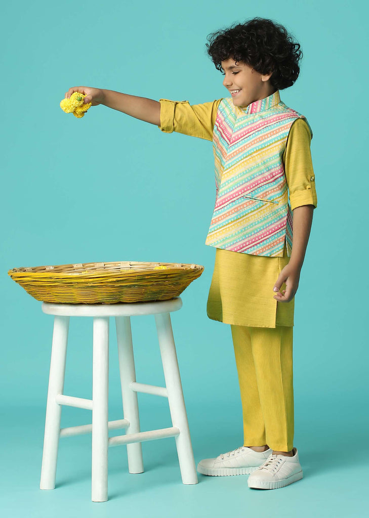 Kalki Canary Yellow Boys Jacket Kurta Set In Silk With Print