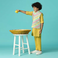 Kalki Canary Yellow Boys Jacket Kurta Set In Silk With Print