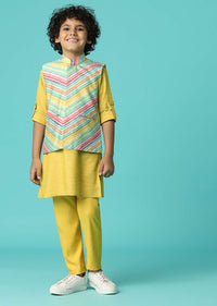 Kalki Canary Yellow Boys Jacket Kurta Set In Silk With Print