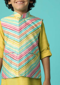 Kalki Canary Yellow Boys Jacket Kurta Set In Silk With Print