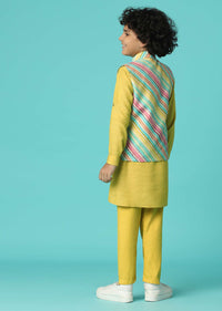 Kalki Canary Yellow Boys Jacket Kurta Set In Silk With Print