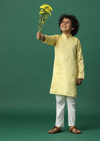 Kalki Canary Yellow Boys Kurta Set In Silk With Mirror And Threadwork For Boys