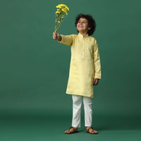 Kalki Canary Yellow Boys Kurta Set In Silk With Mirror And Threadwork For Boys