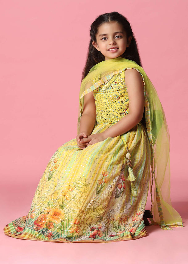 Kalki Canary Yellow Lehenga Set In Georgette With Mirror And Sequins Embroidery For Girls