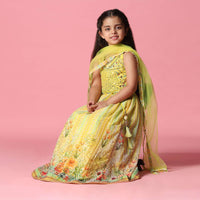 Kalki Canary Yellow Lehenga Set In Georgette With Mirror And Sequins Embroidery For Girls