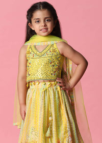 Kalki Canary Yellow Lehenga Set In Georgette With Mirror And Sequins Embroidery For Girls