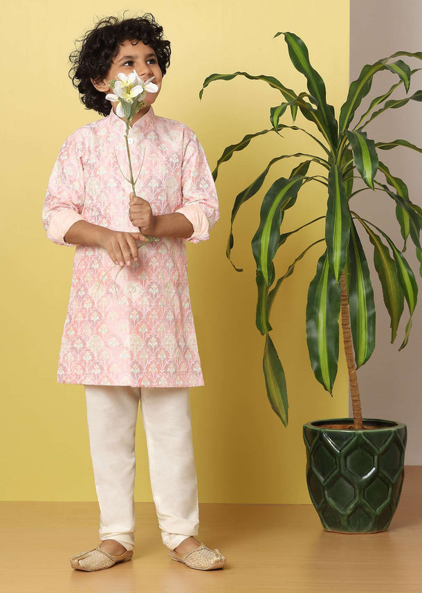 Kalki Candy Pink Boys Kurta Set In Silk With Threadwork