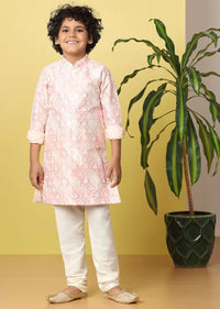 Kalki Candy Pink Boys Kurta Set In Silk With Threadwork