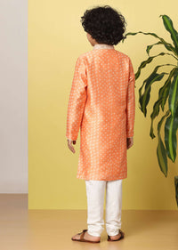 Kalki Carrot Orange Boys Kurta Set In Silk With Mirrors And Threadwork