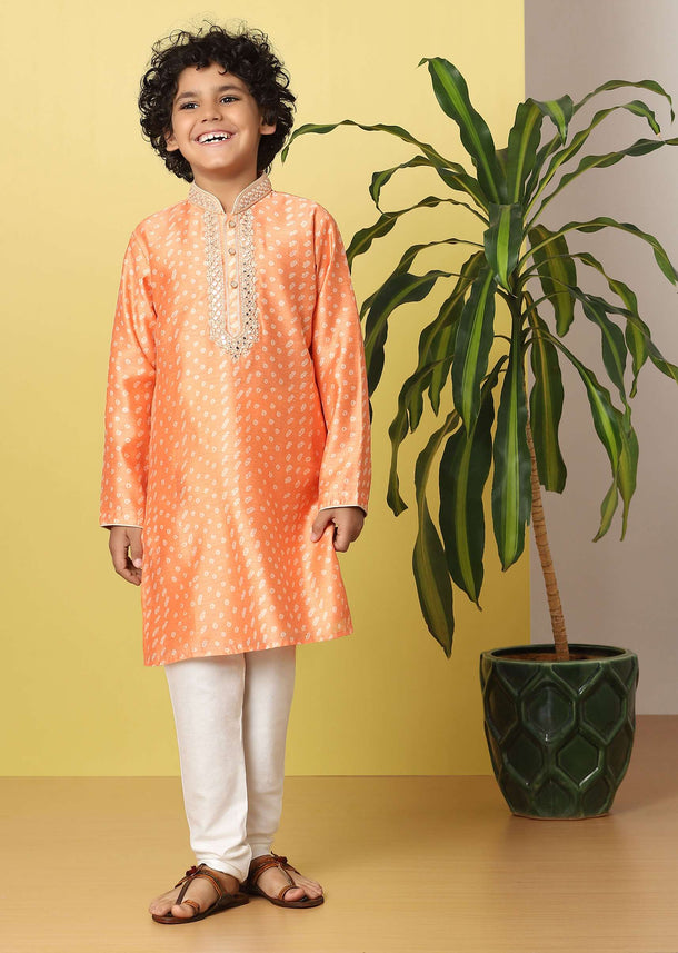 Kalki Carrot Orange Boys Kurta Set In Silk With Mirrors And Threadwork