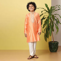 Kalki Carrot Orange Boys Kurta Set In Silk With Mirrors And Threadwork