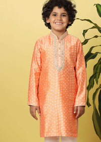 Kalki Carrot Orange Boys Kurta Set In Silk With Mirrors And Threadwork