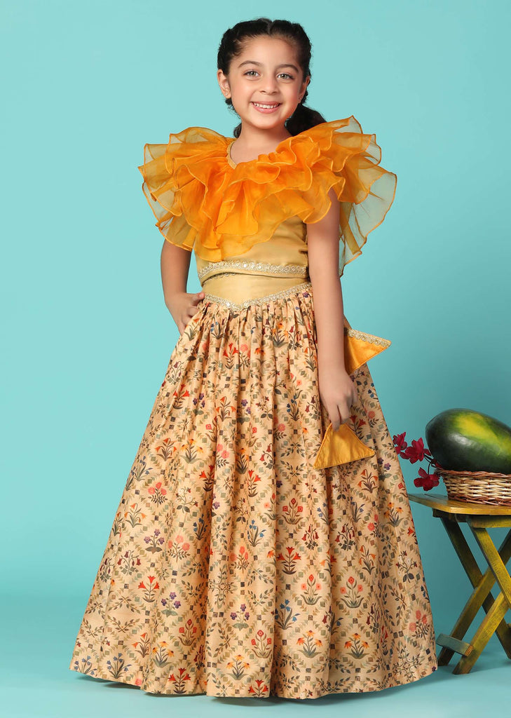 Kalki Carrot Orange Top And Lehenga Set In Cotton Silk For Girls