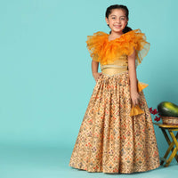 Kalki Carrot Orange Top And Lehenga Set In Cotton Silk For Girls