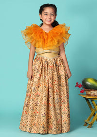 Kalki Carrot Orange Top And Lehenga Set In Cotton Silk For Girls