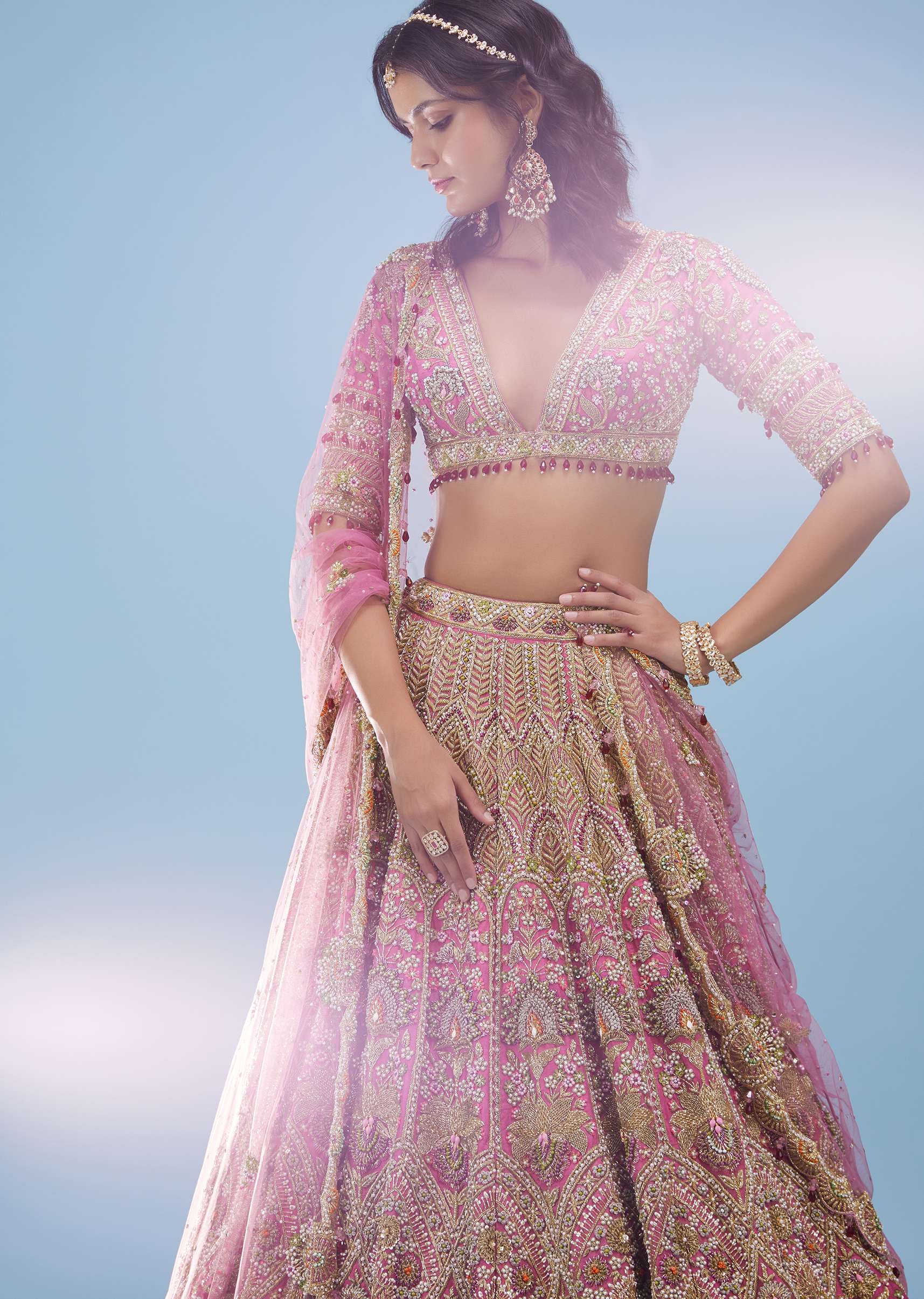 Rose Pink Bridal Lehenga In Raw Silk With Heavy Embroidery - NOOR 2022