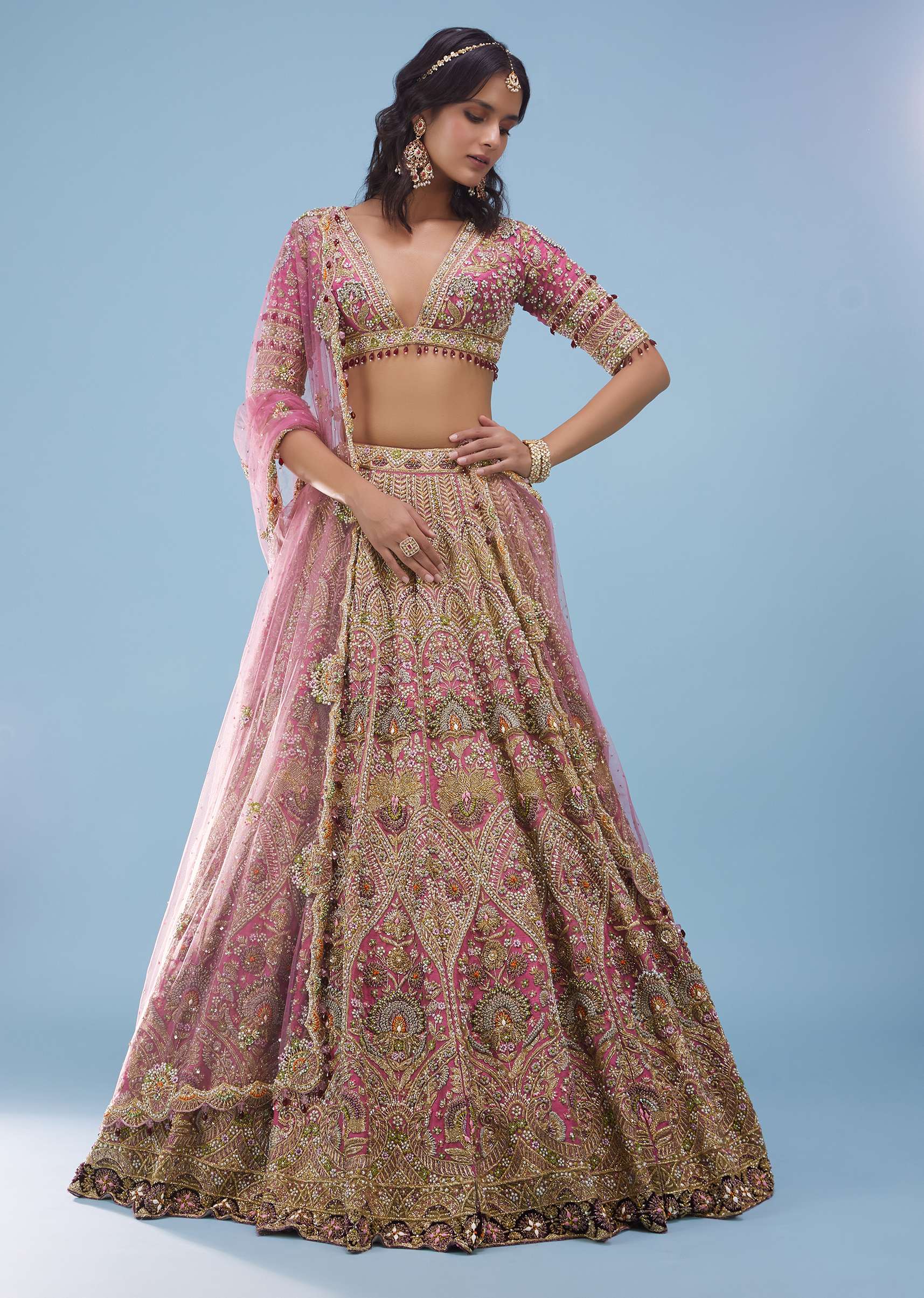 Rose Pink Bridal Lehenga In Raw Silk With Heavy Embroidery - NOOR 2022