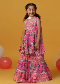 Kalki Cherry Pink Kurta And Sharara Set In Cotton With Gotta Work For Girls