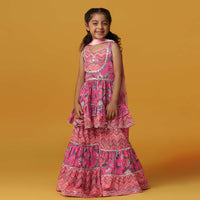 Kalki Cherry Pink Kurta And Sharara Set In Cotton With Gotta Work For Girls