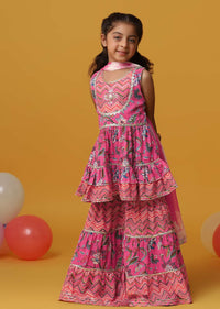 Kalki Cherry Pink Kurta And Sharara Set In Cotton With Gotta Work For Girls