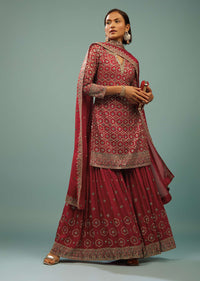 Valentine Red Sharara Suit In Georgette With Embroidery