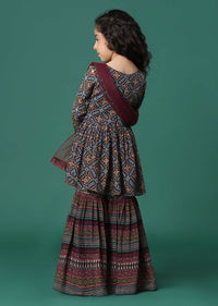 Kalki Chocolate Brown Kurta And Sharara Set In Satin Blend With Abla Work For Girls