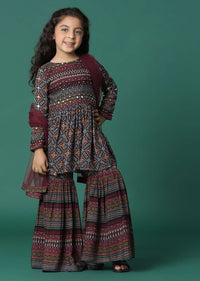 Kalki Chocolate Brown Kurta And Sharara Set In Satin Blend With Abla Work For Girls