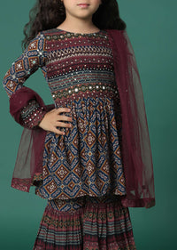 Kalki Chocolate Brown Kurta And Sharara Set In Satin Blend With Abla Work For Girls