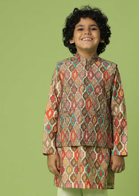 Kalki Chocolate Brown Jacket Kurta Set In Silk With Multicolor Print