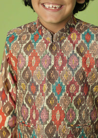 Kalki Chocolate Brown Jacket Kurta Set In Silk With Multicolor Print