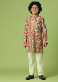 Kalki Chocolate Brown Jacket Kurta Set In Silk With Multicolor Print