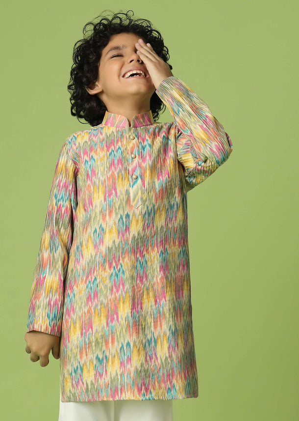 Kalki Chrome Yellow Kurta Set In Silk With Floral Print For Boys