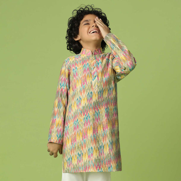 Kalki Chrome Yellow Kurta Set In Silk With Floral Print For Boys