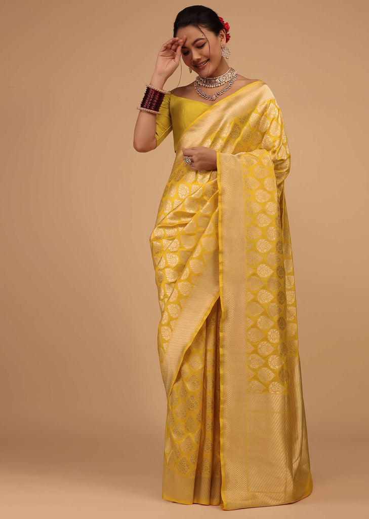 Citrus Yellow Saree In Pure Banarasi Silk With Upada Zari Weave Floral Butti Work