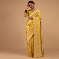 Citrus Yellow Saree In Pure Banarasi Silk With Upada Zari Weave Floral Butti Work