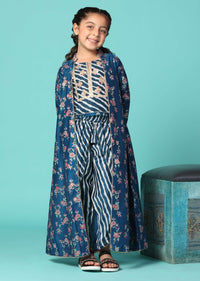 Kalki Cobalt Blue Embroidered Top And Pant Set With Jacket In Silk For Girls