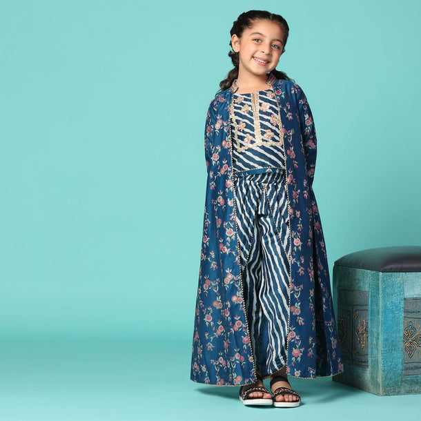 Kalki Cobalt Blue Embroidered Top And Pant Set With Jacket In Silk For Girls