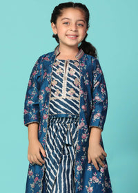 Kalki Cobalt Blue Embroidered Top And Pant Set With Jacket In Silk For Girls