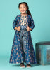 Kalki Cobalt Blue Embroidered Top And Pant Set With Jacket In Silk For Girls