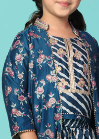 Kalki Cobalt Blue Embroidered Top And Pant Set With Jacket In Silk For Girls