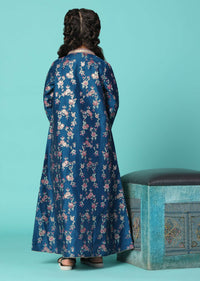 Kalki Cobalt Blue Embroidered Top And Pant Set With Jacket In Silk For Girls