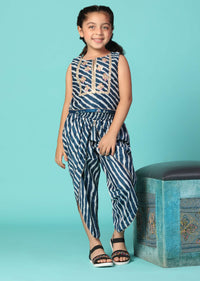 Kalki Cobalt Blue Embroidered Top And Pant Set With Jacket In Silk For Girls