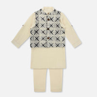 Kalki Cool Grey Printed Kurta Jacket Set In Cotton For Boys