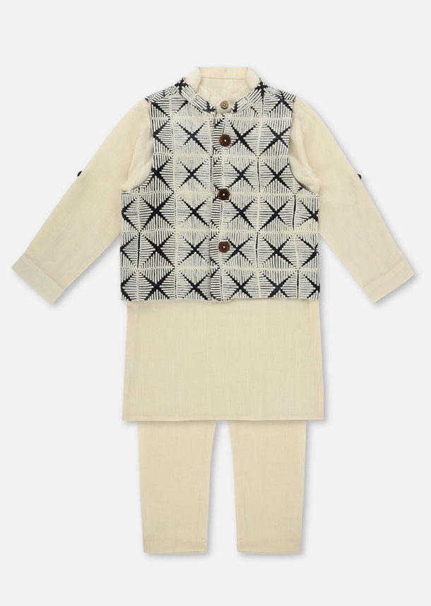Kalki Cool Grey Printed Kurta Jacket Set In Cotton For Boys