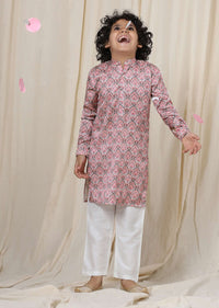 Kalki Coral Cloud Pink Silk Kurta Set With Threadwork For Boys