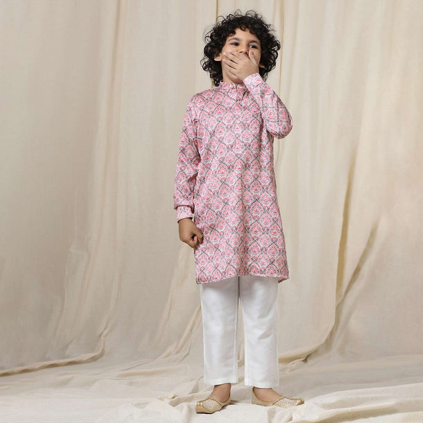 Kalki Coral Cloud Pink Silk Kurta Set With Threadwork For Boys