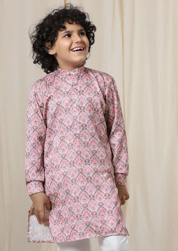Kalki Coral Cloud Pink Silk Kurta Set With Threadwork For Boys