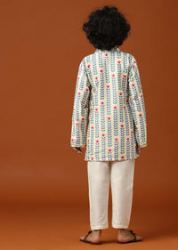 Kalki Coral White Printed Kurta Set In Cotton Silk For Boys