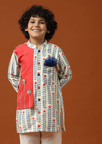 Kalki Coral White Printed Kurta Set In Cotton Silk For Boys