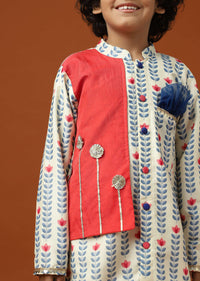 Kalki Coral White Printed Kurta Set In Cotton Silk For Boys